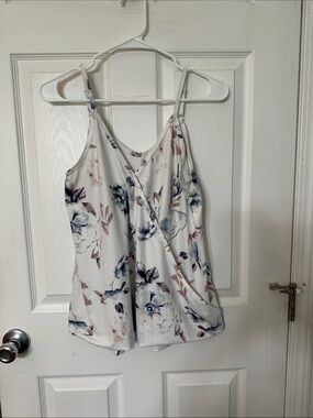 Floral Surplice Cami Tank Top - White with Blue & Pink Floral